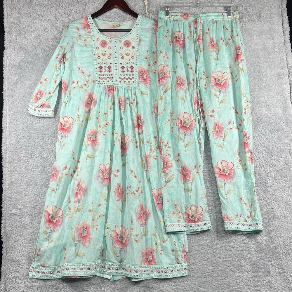 Neerus Kurta Pant Dupatta Womens XXL Sea Green‎ Floral Embroidered Lightweight